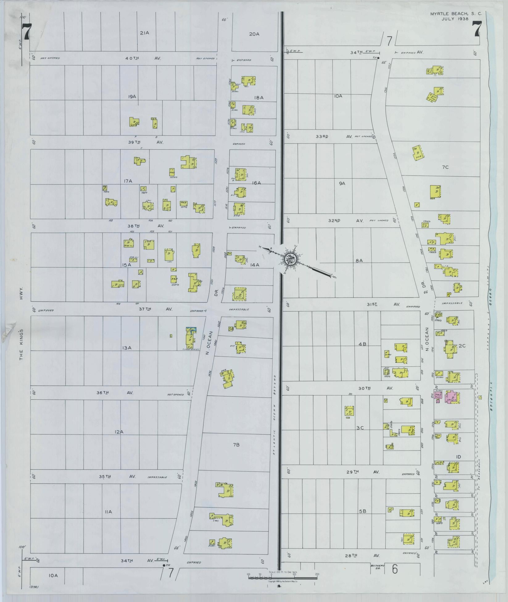 Sanborn Fire Insurance Map from Myrtle Beach, Horry County, South Carolina (1938), Sheet #0007 - Historic Sanborn Fire Insurance Map Print, vintage old map wall art, antique decor, genealogy gift, South Carolina South Carolina map