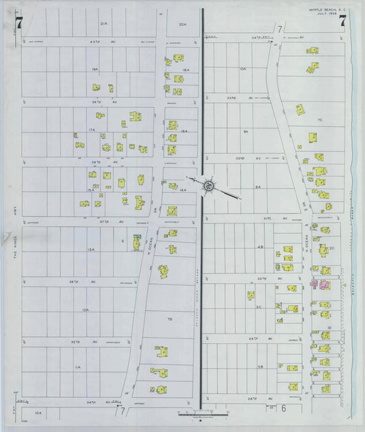 Sanborn Fire Insurance Map from Myrtle Beach, Horry County, South Carolina (1938), Sheet #0007 - Historic Sanborn Fire Insurance Map Print, vintage old map wall art, antique decor, genealogy gift, South Carolina South Carolina map