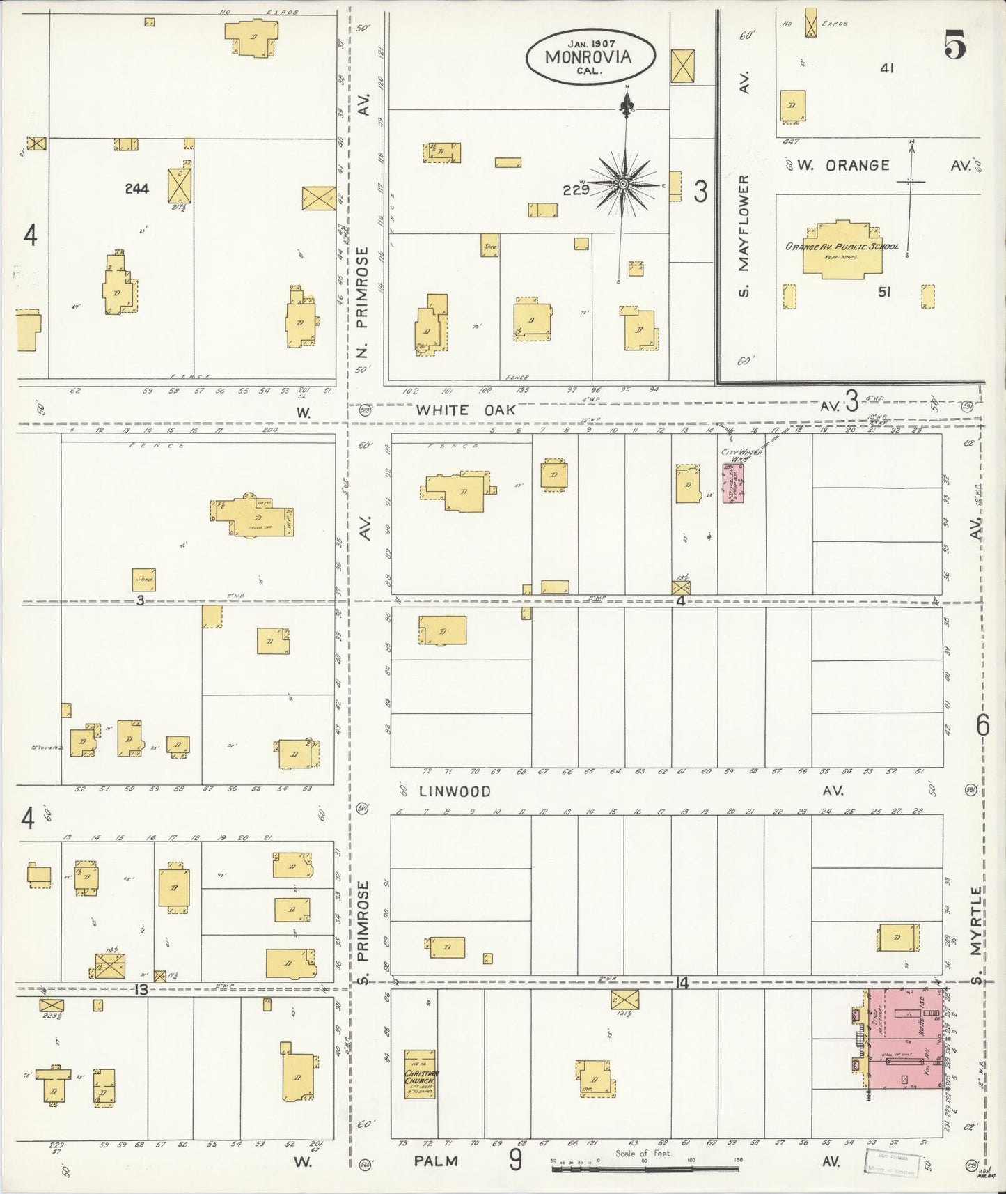 Sanborn Fire Insurance Map from Monrovia, Los Angeles County, California (1907), Sheet #0005 - Historic Sanborn Fire Insurance Map Print, vintage old map wall art, antique decor, genealogy gift, California California map