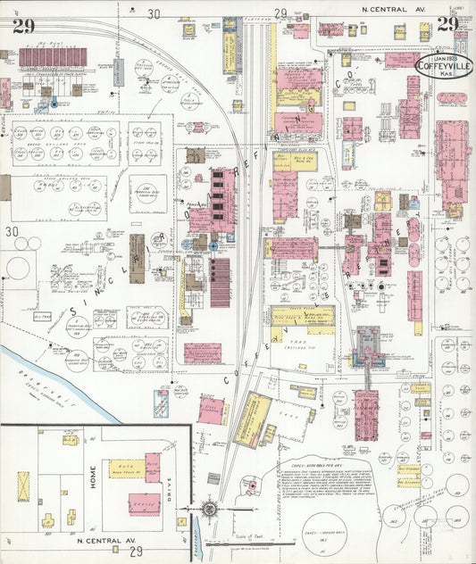 Sanborn Fire Insurance Map from Coffeyville, Montgomery County, Kansas (1923), Sheet #0029 - Historic Sanborn Fire Insurance Map Print, vintage old map wall art, antique decor, genealogy gift, Kansas Kansas map