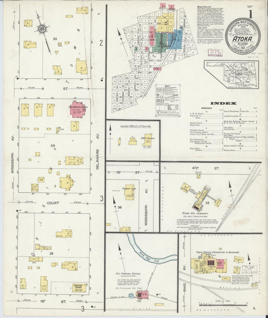 Sanborn Fire Insurance Map from Atoka, Atoka County, Oklahoma (1913), Sheet #0001 - Complete Map Set gallery image, historic Sanborn map, vintage wall art, Oklahoma Oklahoma