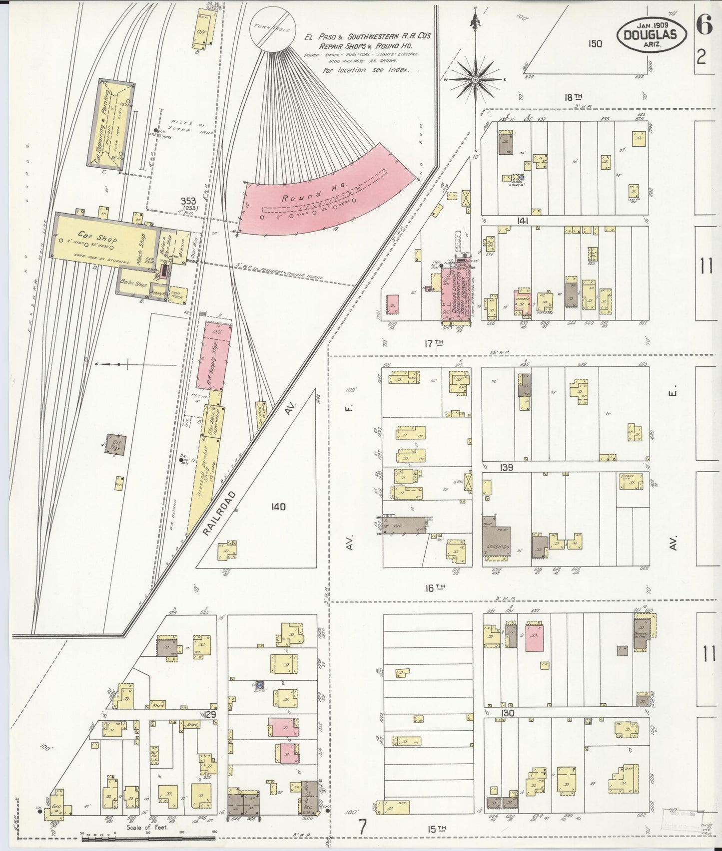 Sanborn Fire Insurance Map from Douglas, Cochise County, Arizona (1909), Sheet #0006 - Historic Sanborn Fire Insurance Map Print, vintage old map wall art, antique decor, genealogy gift, Arizona Arizona map
