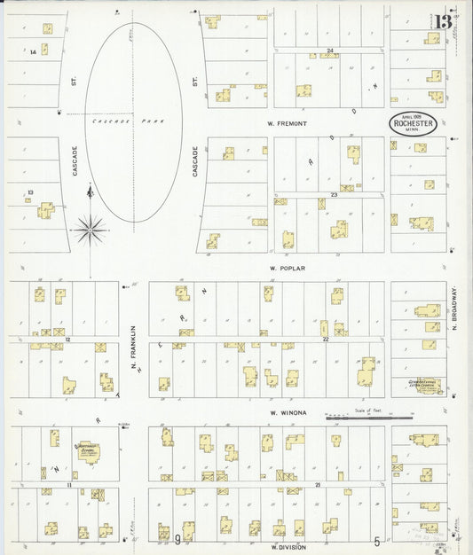 Sanborn Fire Insurance Map from Rochester, Olmsted County, Minnesota (1909), Sheet #0013 - Historic Sanborn Fire Insurance Map Print, vintage old map wall art, antique decor, genealogy gift, Minnesota Minnesota map