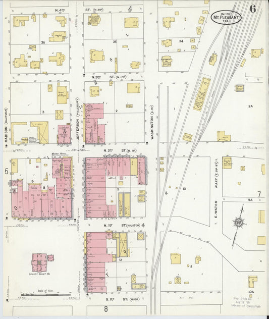 Sanborn Fire Insurance Map from Mount Pleasant, Titus County, Texas (1911), Sheet #0006 - Historic Sanborn Fire Insurance Map Print, vintage old map wall art, antique decor, genealogy gift, Texas Texas map