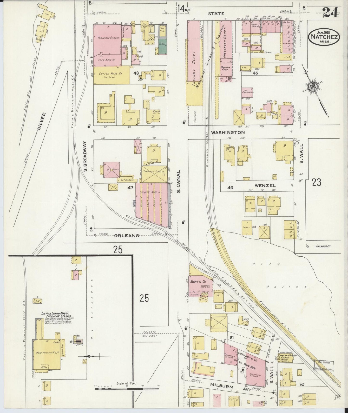 Sanborn Fire Insurance Map from Natchez, Adams County, Mississippi (1910), Sheet #0024 - Historic Sanborn Fire Insurance Map Print, vintage old map wall art, antique decor, genealogy gift, Mississippi Mississippi map