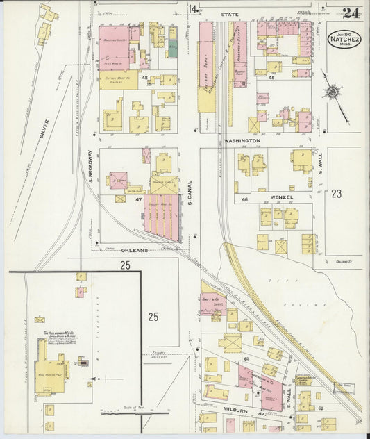 Sanborn Fire Insurance Map from Natchez, Adams County, Mississippi (1910), Sheet #0024 - Historic Sanborn Fire Insurance Map Print, vintage old map wall art, antique decor, genealogy gift, Mississippi Mississippi map