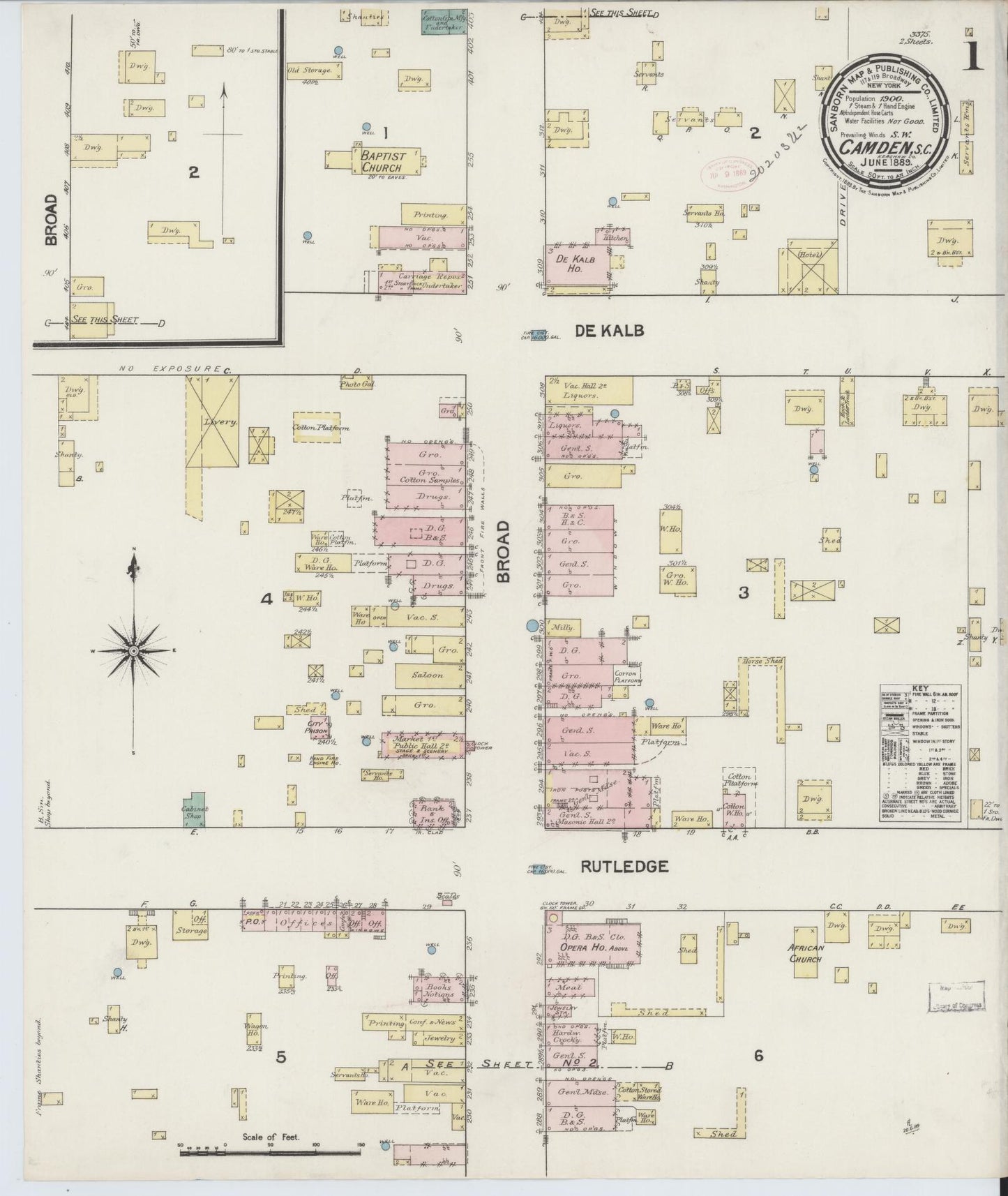 Sanborn Fire Insurance Map from Camden, Kershaw County, South Carolina (1889), Sheet #0001 - Complete Map Set gallery image, historic Sanborn map, vintage wall art, South Carolina South Carolina