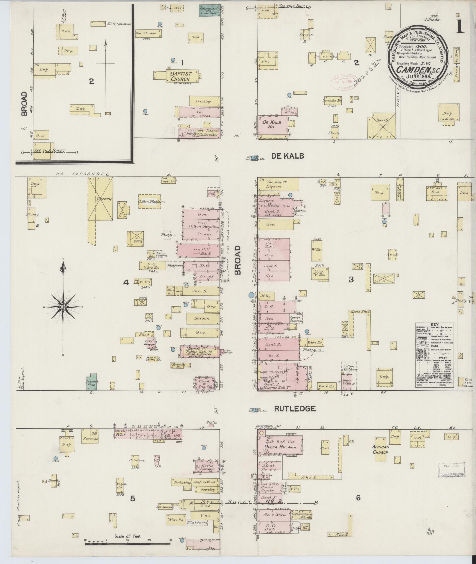 Sanborn Fire Insurance Map from Camden, Kershaw County, South Carolina (1889), Sheet #0001 - Complete Map Set gallery image, historic Sanborn map, vintage wall art, South Carolina South Carolina