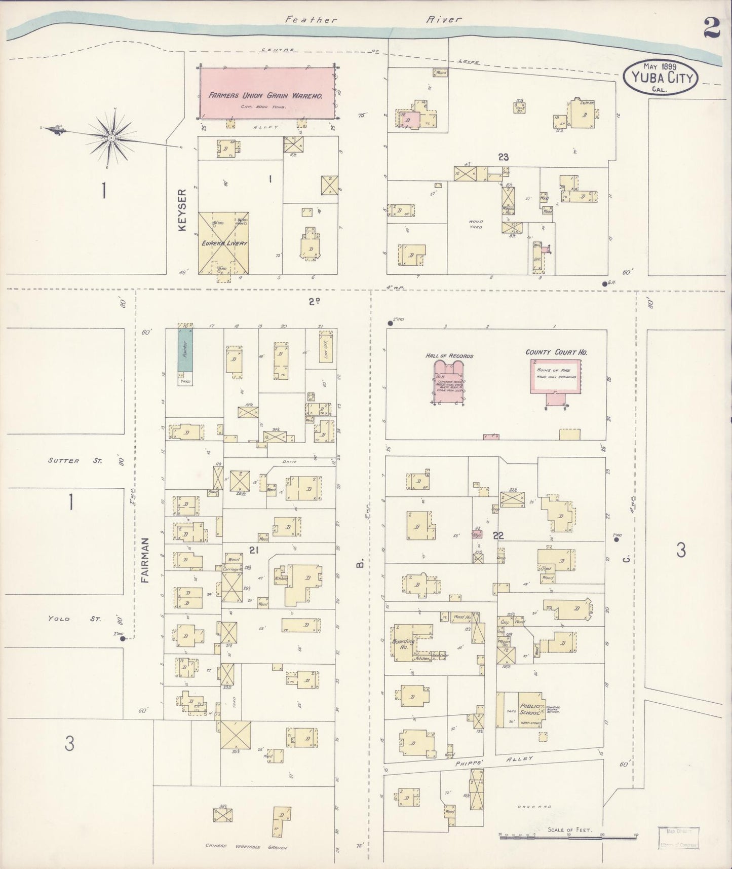 Sanborn Fire Insurance Map from Yuba City, Sutter County, California (1899), Sheet #0002 - Complete Map Set gallery image, historic Sanborn map, vintage wall art, California California