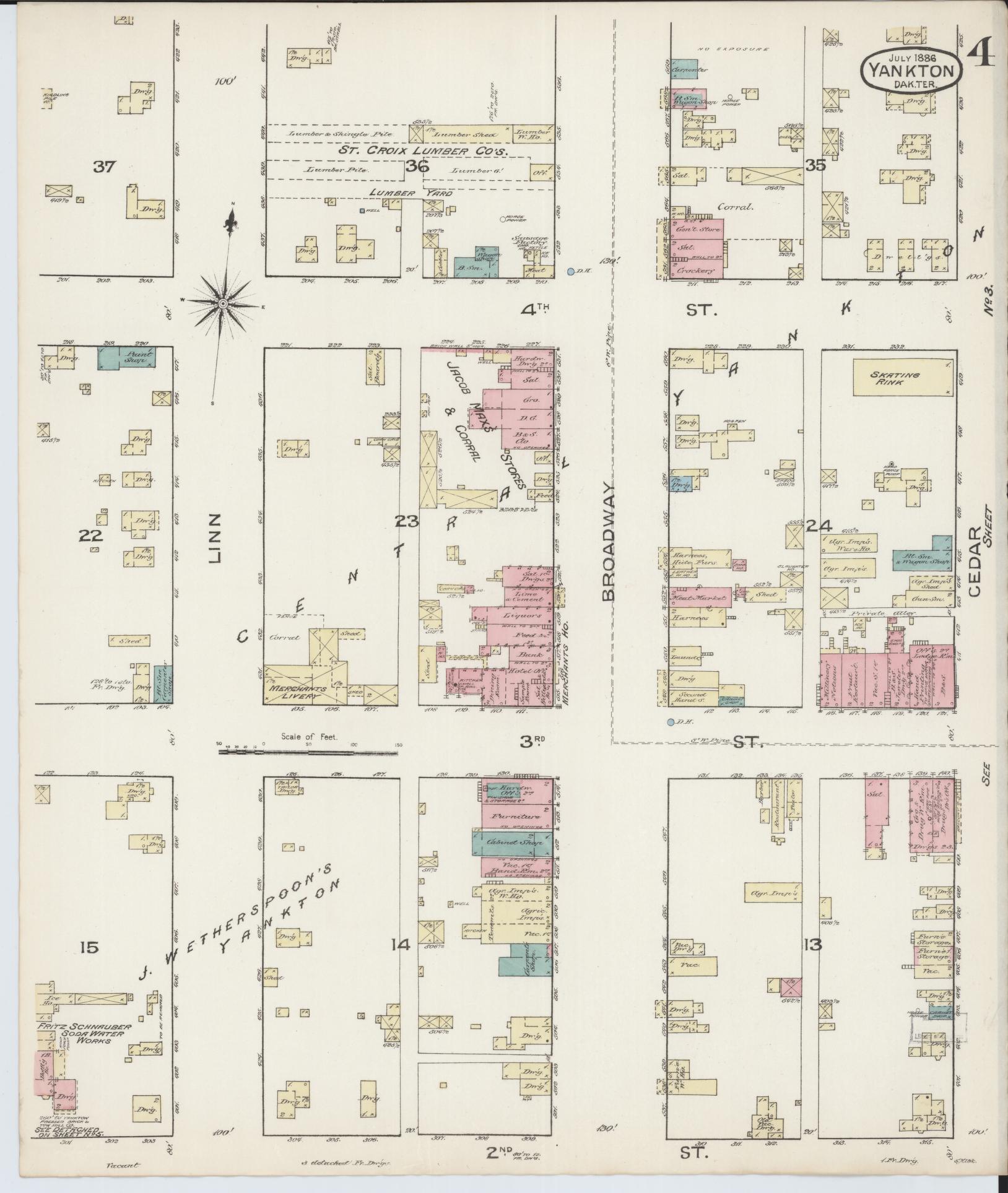 Sanborn Fire Insurance Map from Yankton, Yankton County, South Dakota (1886), Sheet #0004 - Historic Sanborn Fire Insurance Map Print, vintage old map wall art, antique decor, genealogy gift, South Dakota South Dakota map