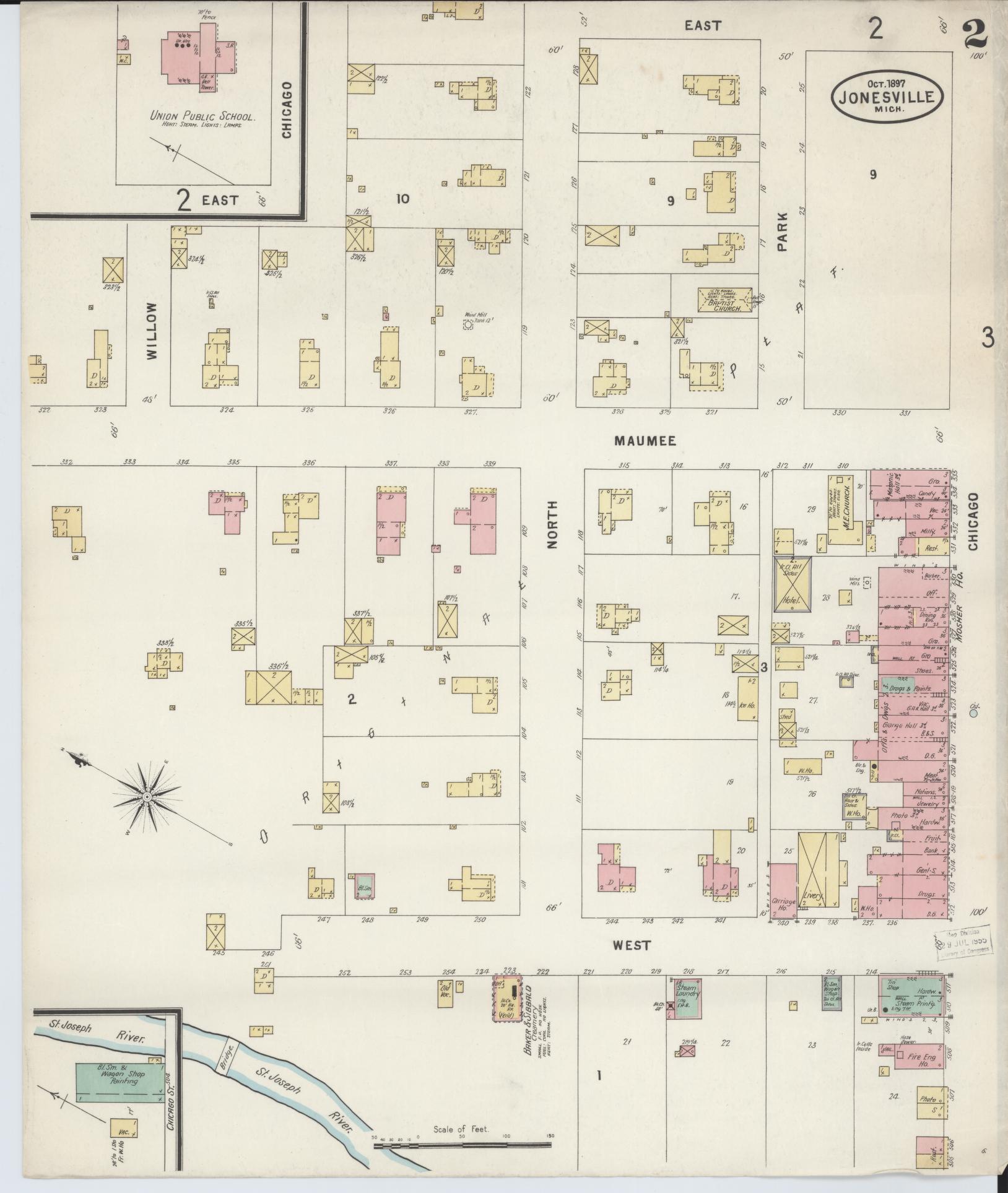 Sanborn Fire Insurance Map from Jonesville, Hillsdale County, Michigan (1897), Sheet #0002 - Complete Map Set gallery image, historic Sanborn map, vintage wall art, Michigan Michigan