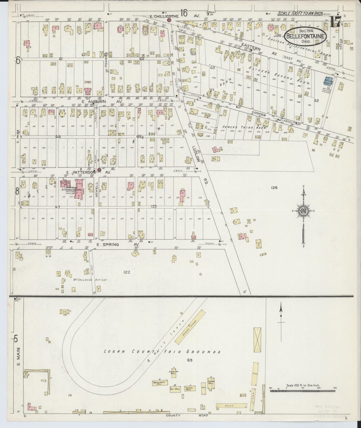 Sanborn Fire Insurance Map from Bellefontaine, Logan County, Ohio (1914), Sheet #0017 - Historic Sanborn Fire Insurance Map Print, vintage old map wall art, antique decor, genealogy gift, Ohio Ohio map
