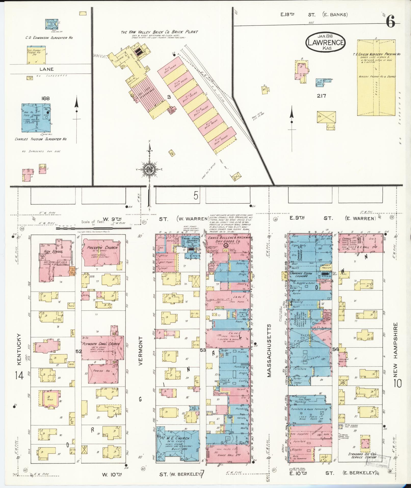 Sanborn Fire Insurance Map from Lawrence, Douglas County, Kansas (1918), Sheet #0006 - Complete Map Set gallery image, historic Sanborn map, vintage wall art, Kansas Kansas
