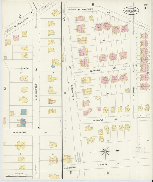 Sanborn Fire Insurance Map from Lansdowne, Delaware County, Pennsylvania (1908), Sheet #0007 - Historic Sanborn Fire Insurance Map Print, vintage old map wall art, antique decor, genealogy gift, Lansdowne Delaware map
