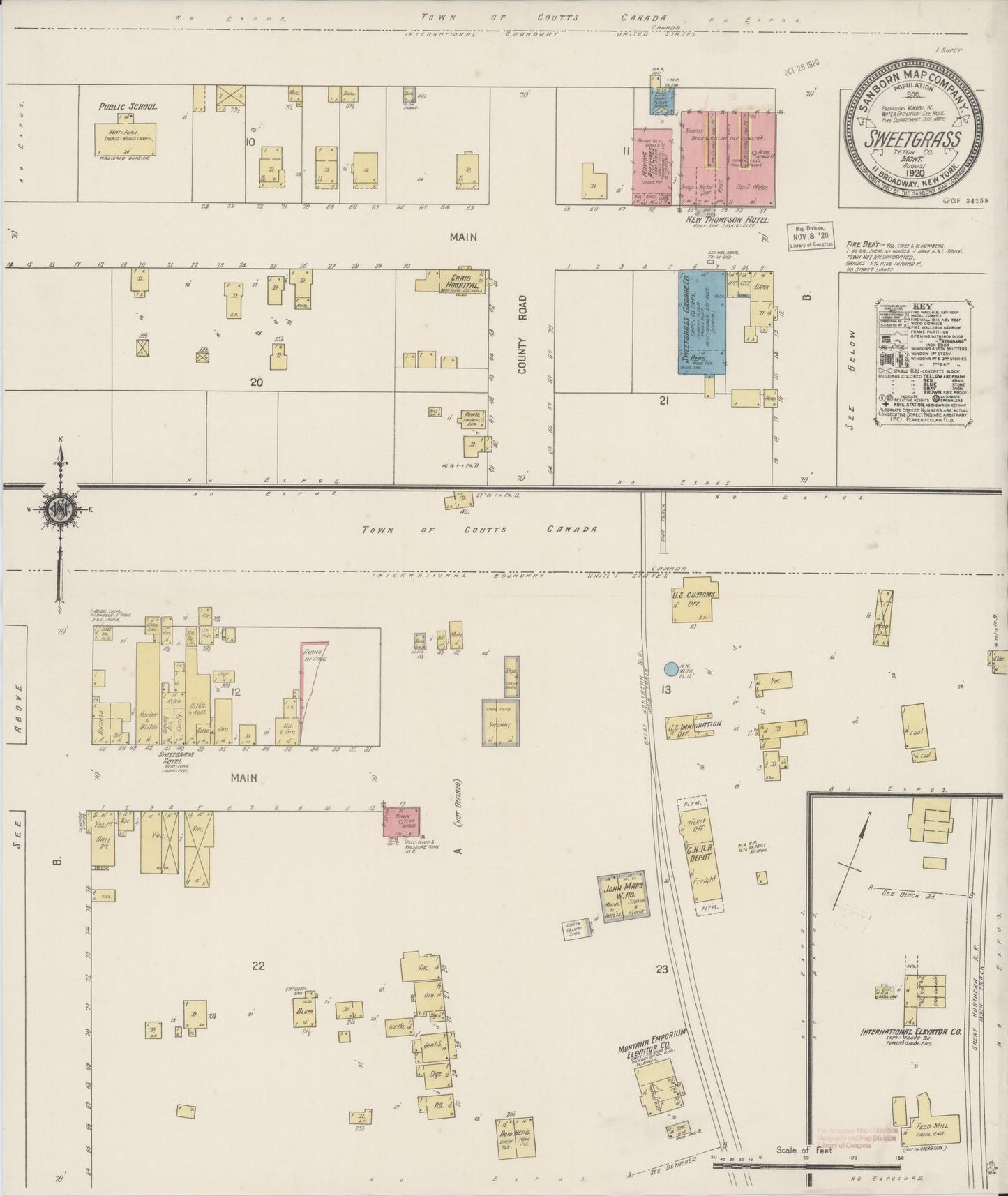 Sanborn Fire Insurance Map from Sweetgrass, Toole County, Montana (1920), Sheet #0001 - Historic Sanborn Fire Insurance Map Print, vintage old map wall art, antique decor, genealogy gift, Montana Montana map