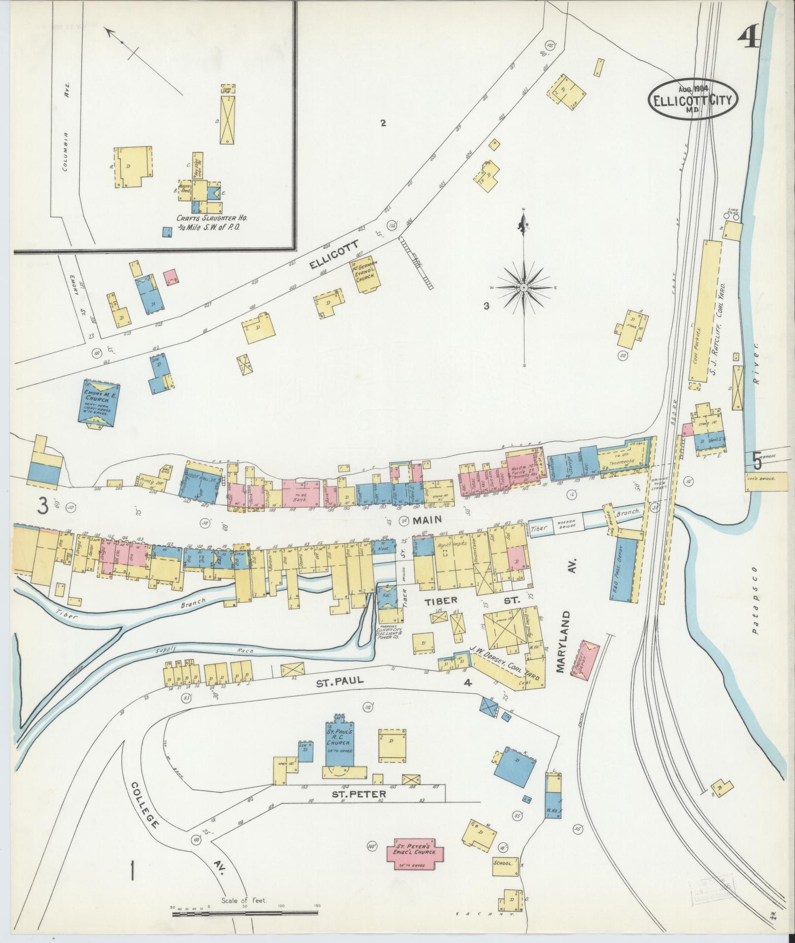 Sanborn Fire Insurance Map from Ellicott City, Howard County, Maryland (1904), Sheet #0004 - Historic Sanborn Fire Insurance Map Print, vintage old map wall art, antique decor, genealogy gift, Maryland Maryland map