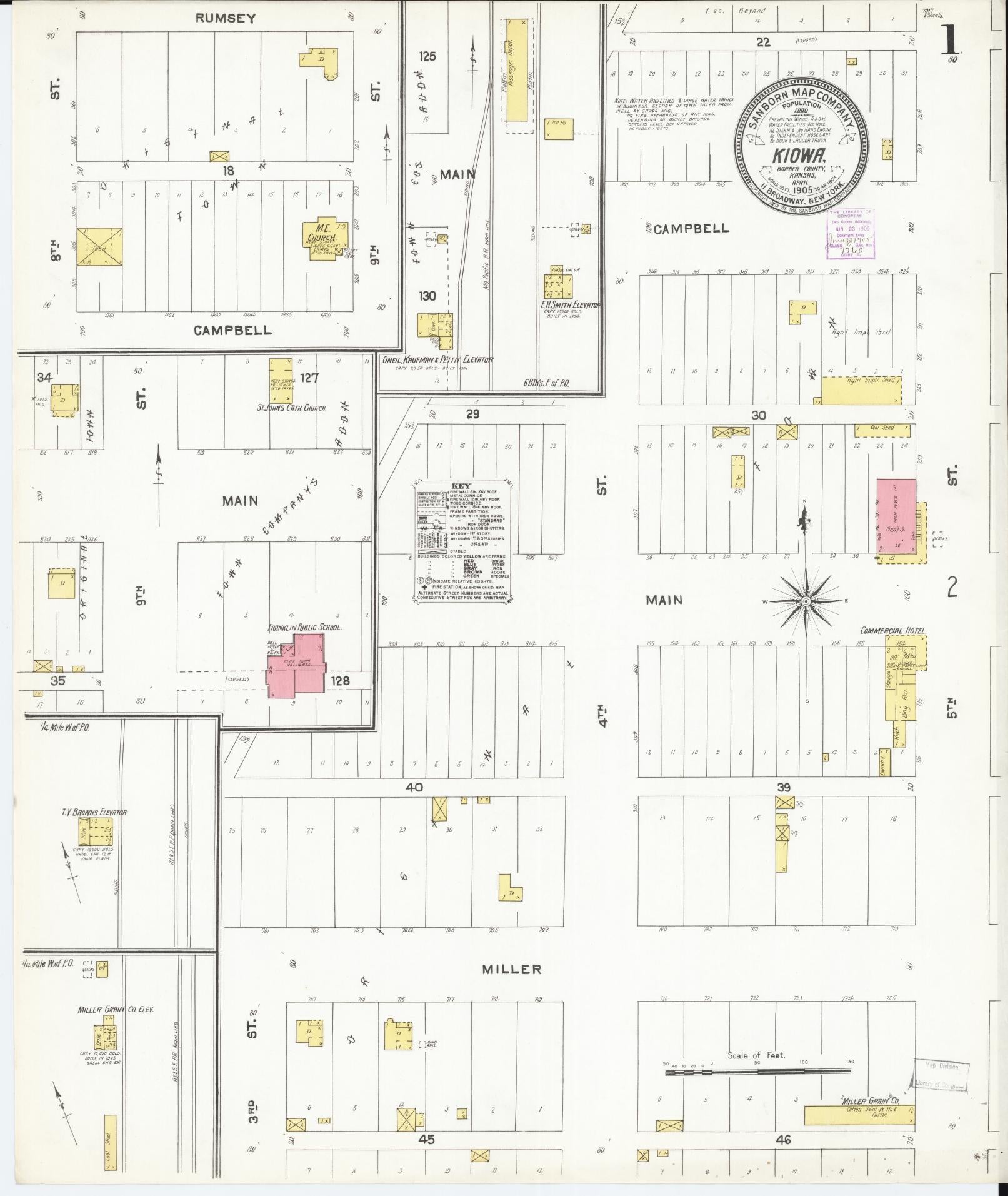 Sanborn Fire Insurance Map from Kiowa, Barber County, Kansas (1905), Sheet #0001 - Historic Sanborn Fire Insurance Map Print, vintage old map wall art, antique decor, genealogy gift, Kansas Kansas map