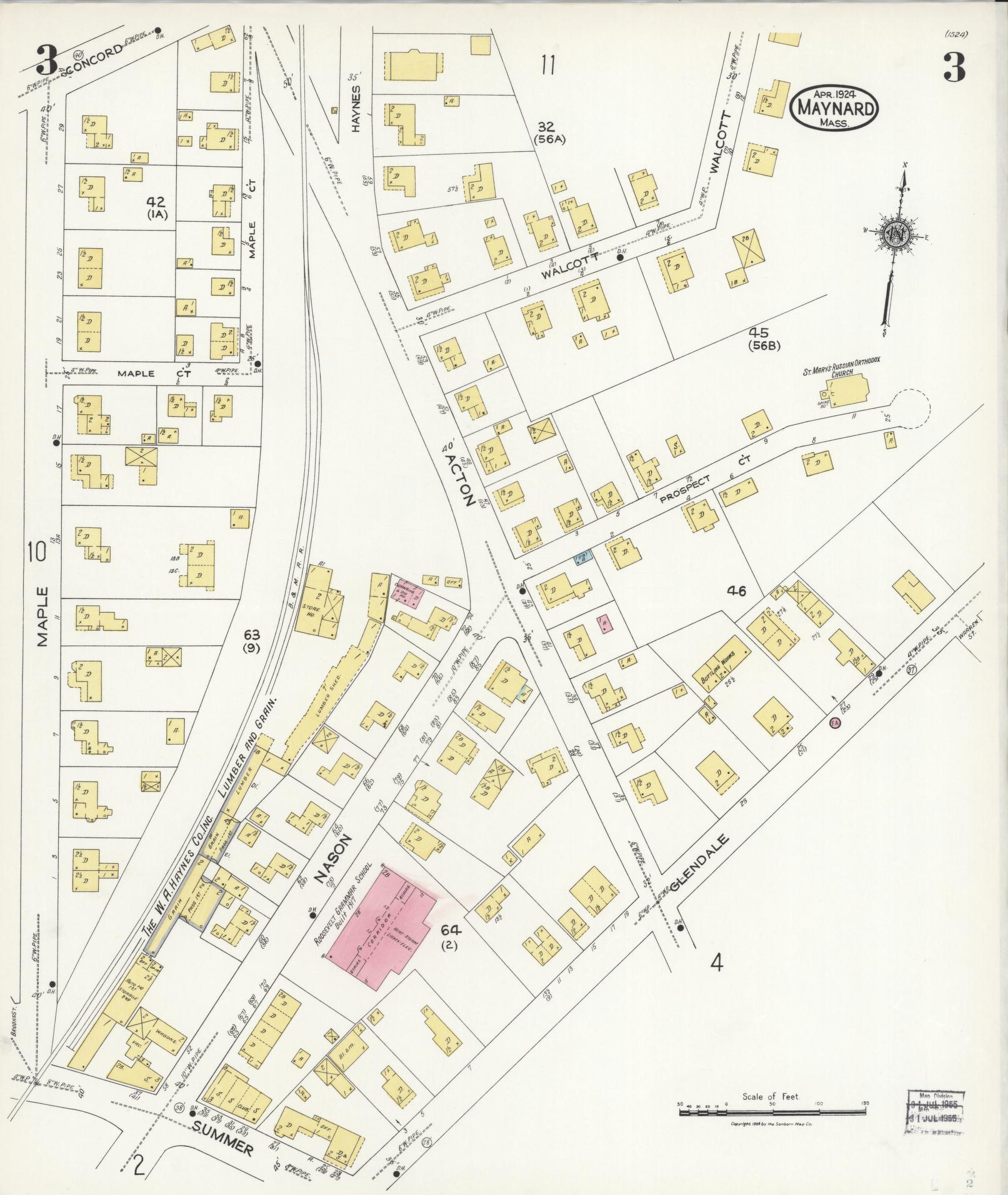 Sanborn Fire Insurance Map from Maynard, Middlesex County, Massachusetts (1924), Sheet #0003 - Historic Sanborn Fire Insurance Map Print, vintage old map wall art, antique decor, genealogy gift, Massachusetts Massachusetts map