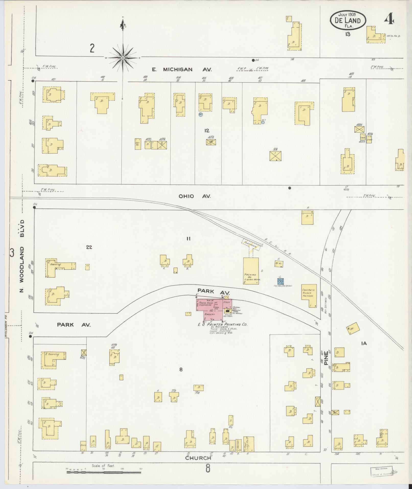 Sanborn Fire Insurance Map from De Land, Volusia County, Florida (1909), Sheet #0004 - Historic Sanborn Fire Insurance Map Print, vintage old map wall art, antique decor, genealogy gift, Florida Florida map