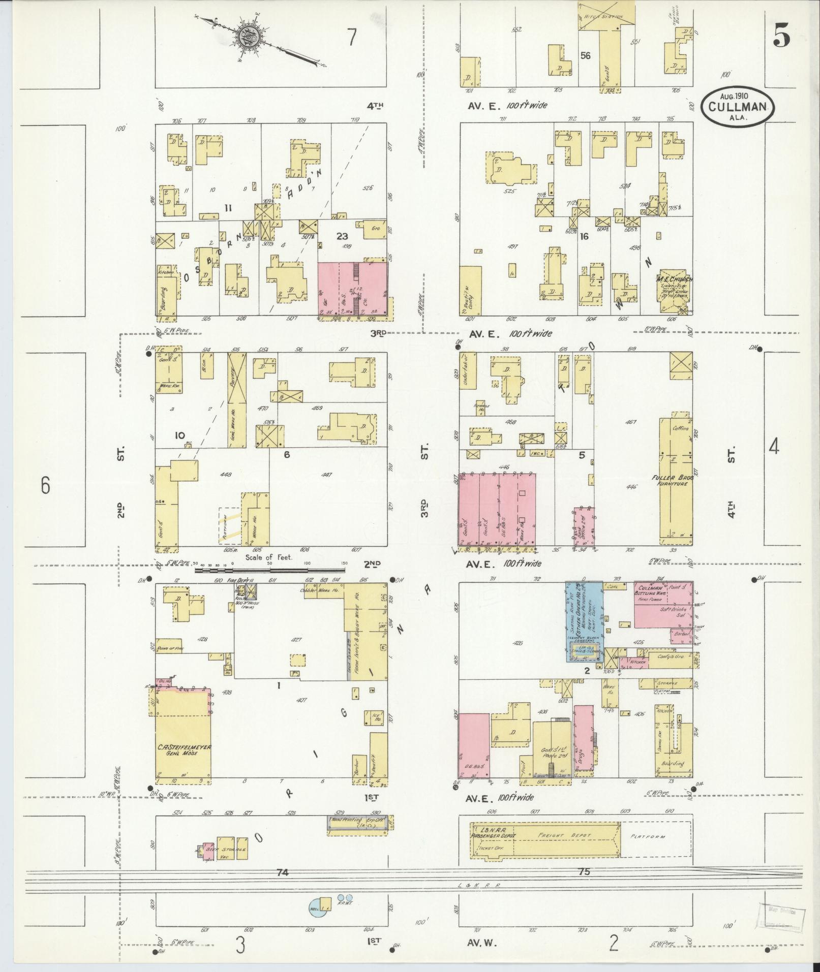 Sanborn Fire Insurance Map from Cullman, Cullman County, Alabama (1910), Sheet #0005 - Complete Map Set gallery image, historic Sanborn map, vintage wall art, Alabama Alabama