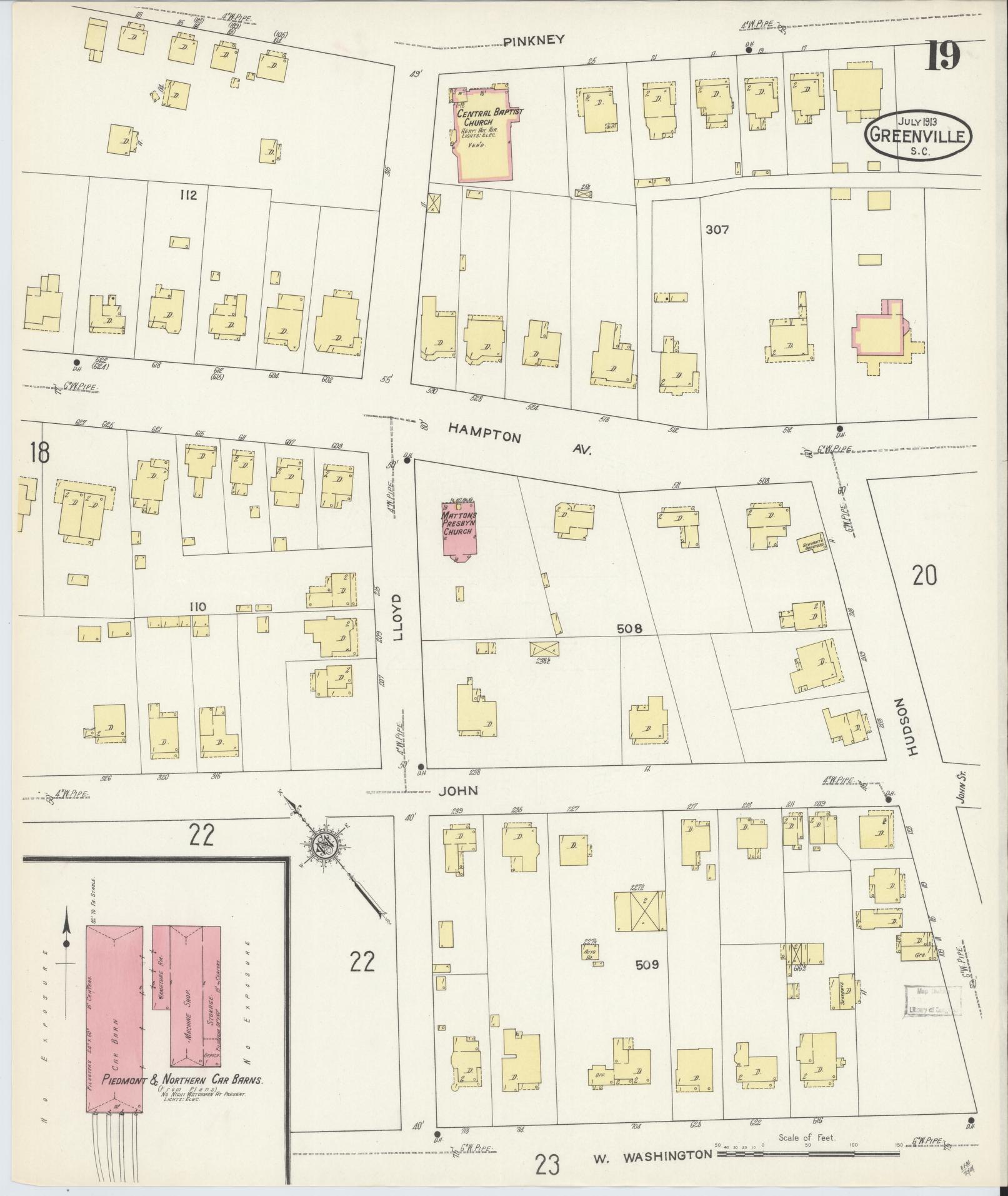 Sanborn Fire Insurance Map from Greenville, Greenville County, South Carolina (1913), Sheet #0019 - Historic Sanborn Fire Insurance Map Print, vintage old map wall art, antique decor, genealogy gift, South Carolina South Carolina map