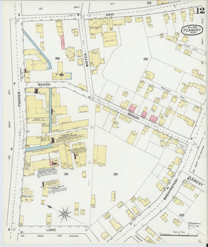Sanborn Fire Insurance Map from Peabody, Essex County, Massachusetts (1892), Sheet #0012 - Historic Sanborn Fire Insurance Map Print, vintage old map wall art, antique decor, genealogy gift, Massachusetts Massachusetts map