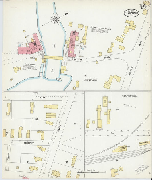 Sanborn Fire Insurance Map from Claremont, Sullivan County, New Hampshire (1904), Sheet #0014 - Historic Sanborn Fire Insurance Map Print, vintage old map wall art, antique decor, genealogy gift, New Hampshire New Hampshire map