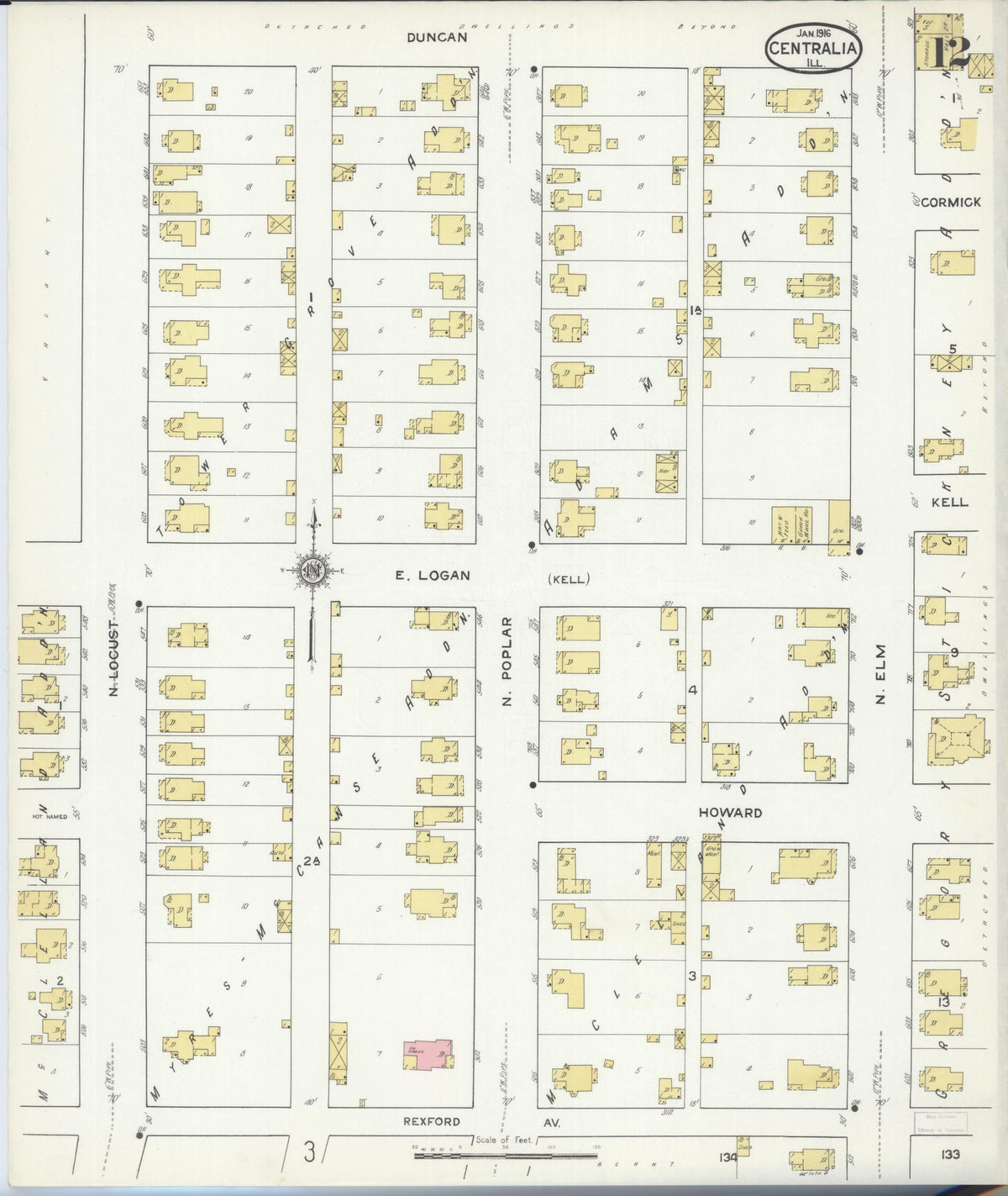 Sanborn Fire Insurance Map from Centralia, Marion, Clinton, Jefferson, and Washington Counties, Illinois (1916), Sheet #0012 - Historic Sanborn Fire Insurance Map Print, vintage old map wall art, antique decor, genealogy gift, Illinois Illinois map