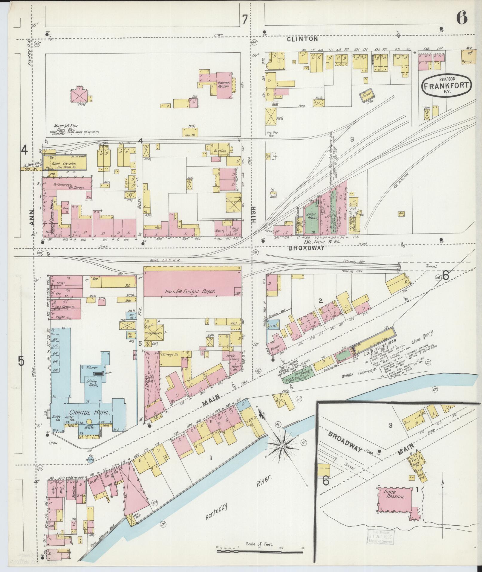 Sanborn Fire Insurance Map from Frankfort, Franklin County, Kentucky (1896), Sheet #0006 - Historic Sanborn Fire Insurance Map Print, vintage old map wall art, antique decor, genealogy gift, Kentucky Kentucky map