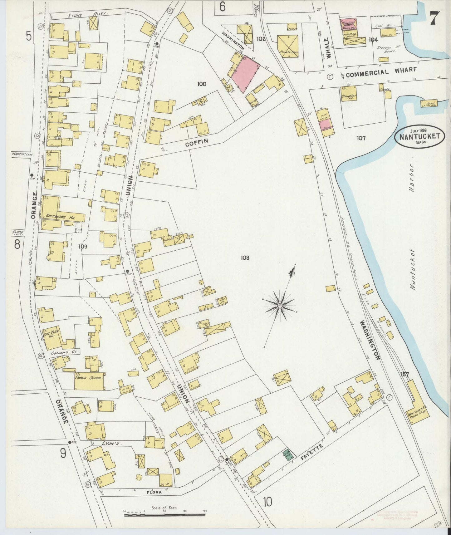 Sanborn Fire Insurance Map from Nantucket, Nantucket County, Massachusetts (1898), Sheet #0007 - Historic Sanborn Fire Insurance Map Print, vintage old map wall art, antique decor, genealogy gift, Massachusetts Massachusetts map