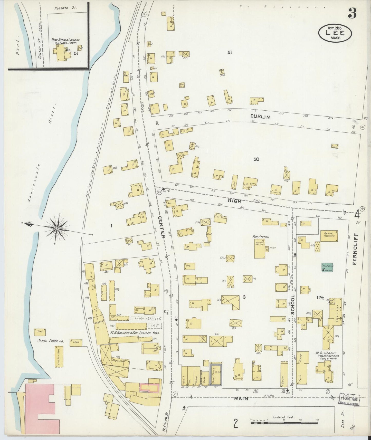 Sanborn Fire Insurance Map from Lee, Berkshire County, Massachusetts (1905), Sheet #0003 - Historic Sanborn Fire Insurance Map Print, vintage old map wall art, antique decor, genealogy gift, Massachusetts Massachusetts map