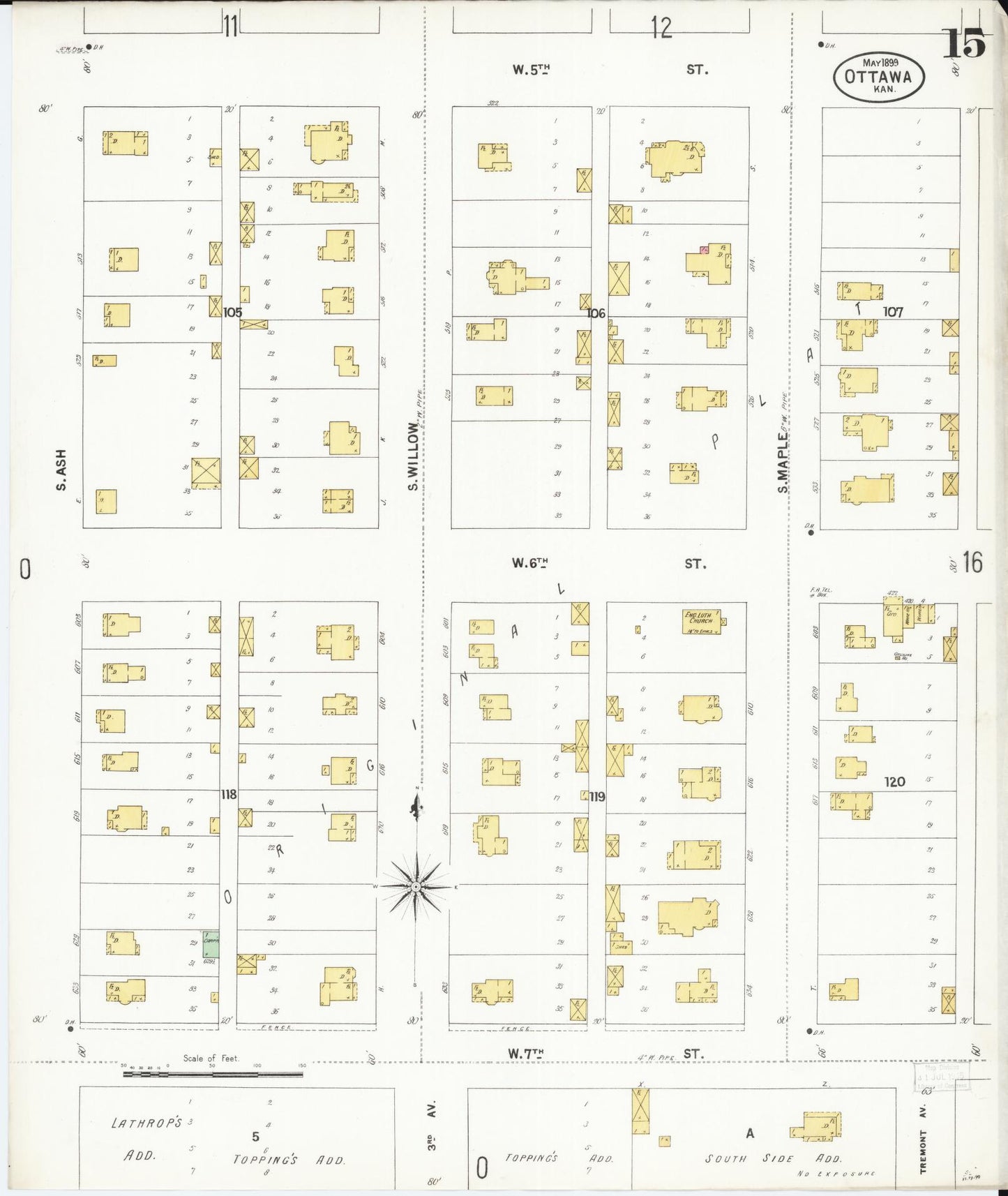 Sanborn Fire Insurance Map from Ottawa, Franklin County, Kansas (1899), Sheet #0015 - Historic Sanborn Fire Insurance Map Print, vintage old map wall art, antique decor, genealogy gift, Kansas Kansas map