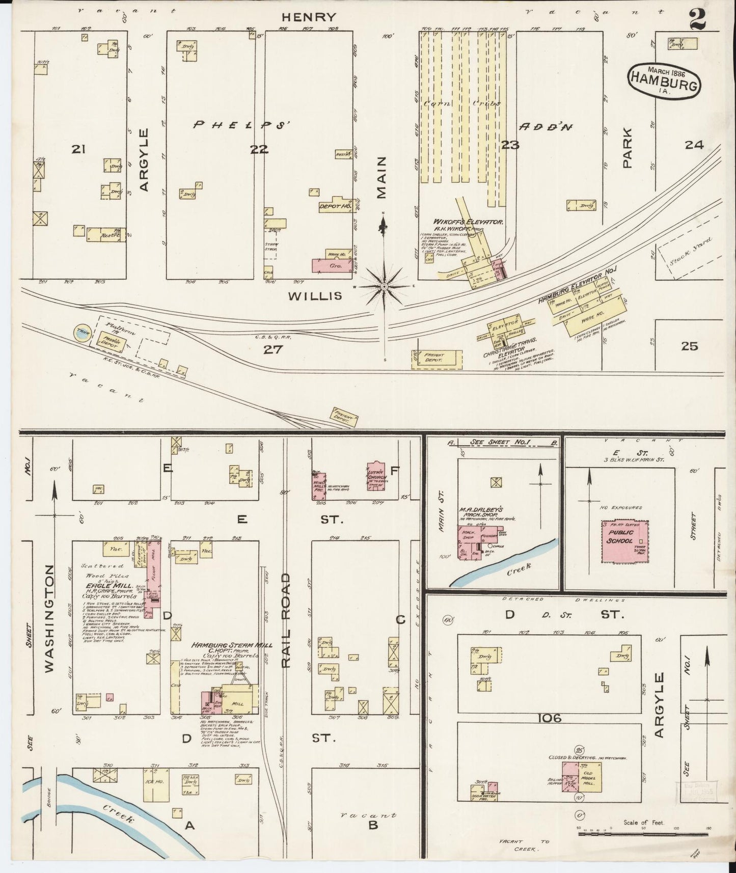 Sanborn Fire Insurance Map from Hamburg, Fremont County, Iowa (1886), Sheet #0002 - Historic Sanborn Fire Insurance Map Print, vintage old map wall art