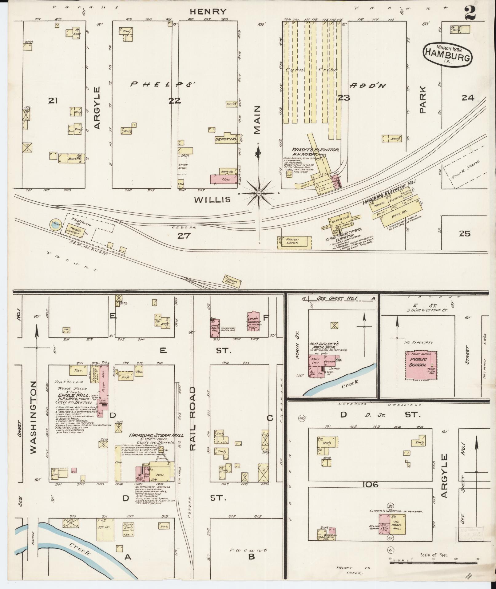Sanborn Fire Insurance Map from Hamburg, Fremont County, Iowa (1886), Sheet #0002 - Historic Sanborn Fire Insurance Map Print, vintage old map wall art