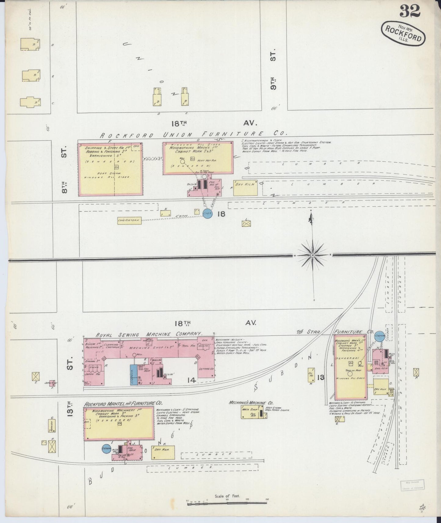 Sanborn Fire Insurance Map from Rockford, Winnebago County, Illinois (1891), Sheet #0032 - Complete Map Set gallery image, historic Sanborn map, vintage wall art, Illinois Illinois