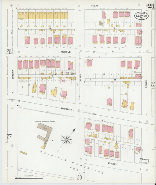 Sanborn Fire Insurance Map from El Paso, El Paso County, Texas (1905), Sheet #0021 - Historic Sanborn Fire Insurance Map Print, vintage old map wall art, antique decor, genealogy gift, Texas Texas map