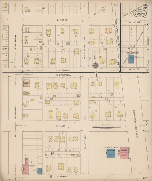 Sanborn Fire Insurance Map from Edmond, Oklahoma County, Oklahoma (1922), Sheet #0002 - Historic Sanborn Fire Insurance Map Print, vintage old map wall art, antique decor, genealogy gift, Edmond Oklahoma map