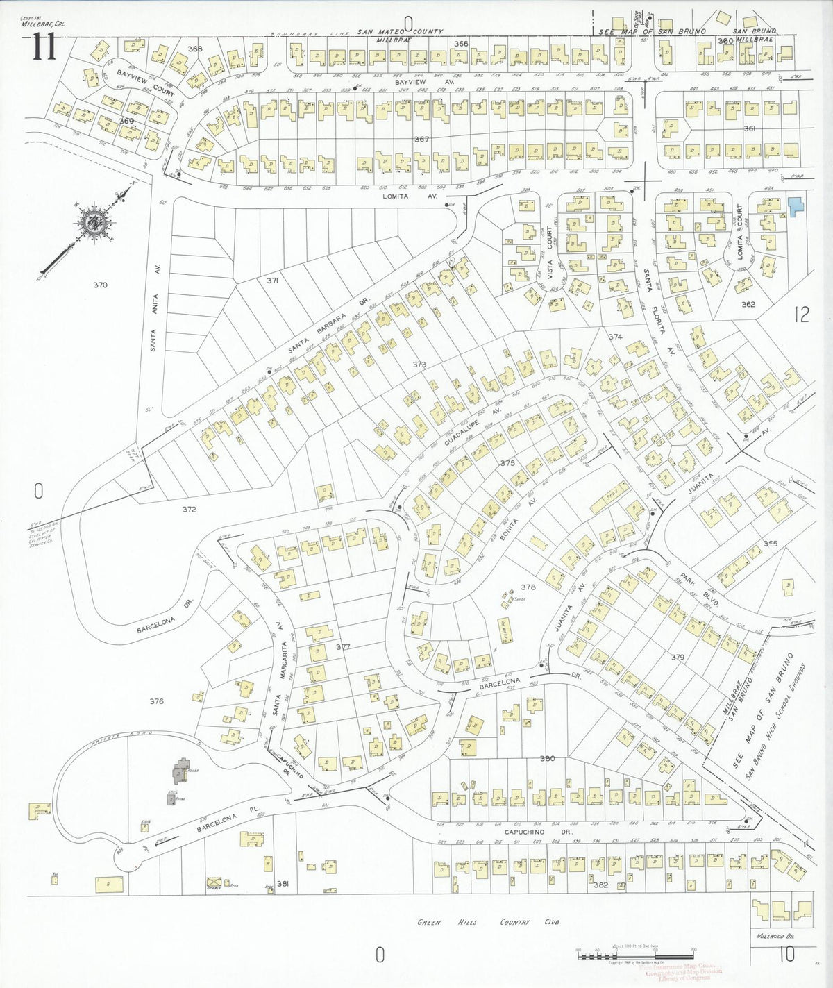 Sanborn Fire Insurance Map from Millbrae, San Mateo County, California (1949), Sheet #0011 - Complete Map Set gallery image, historic Sanborn map, vintage wall art, California California