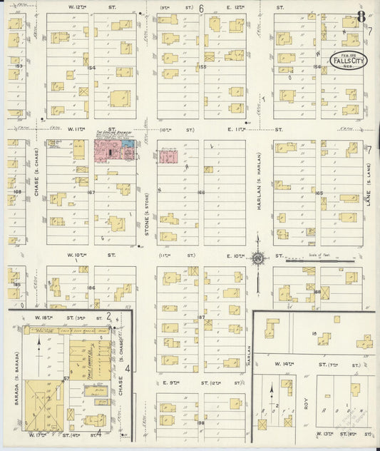 Sanborn Fire Insurance Map from Falls City, Richardson County, Nebraska (1916), Sheet #0008 - Historic Sanborn Fire Insurance Map Print, vintage old map wall art, antique decor, genealogy gift, Nebraska Nebraska map