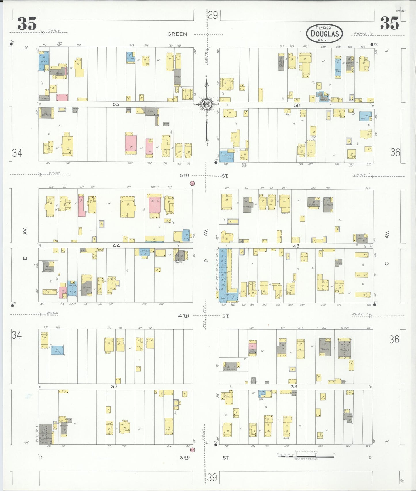 Sanborn Fire Insurance Map from Douglas, Cochise County, Arizona (1929), Sheet #0035 - Historic Sanborn Fire Insurance Map Print, vintage old map wall art, antique decor, genealogy gift, Arizona Arizona map