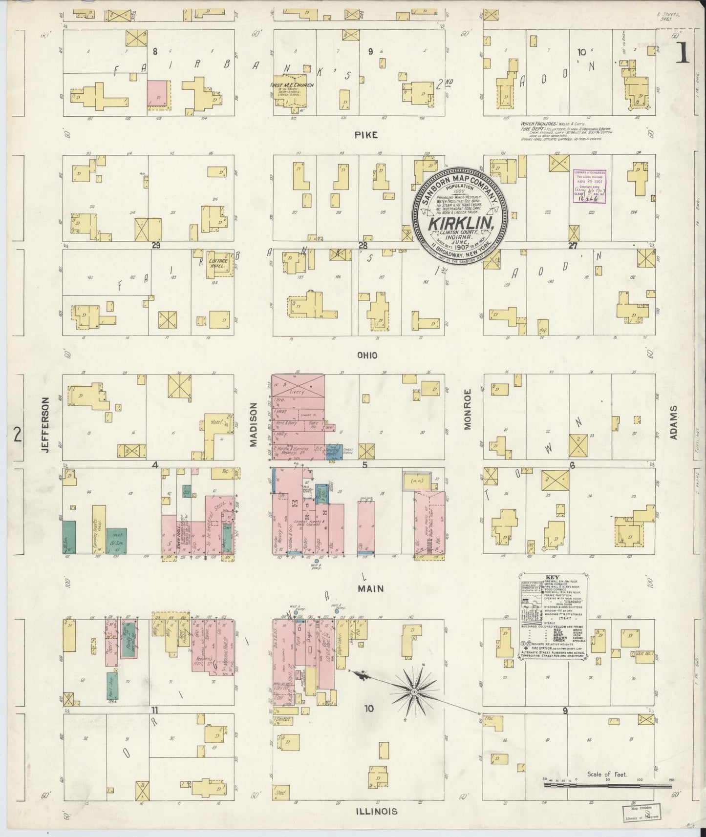Sanborn Fire Insurance Map from Kirklin, Clinton County, Indiana (1907), Sheet #0001 - Complete Map Set gallery image, historic Sanborn map, vintage wall art, Indiana Indiana