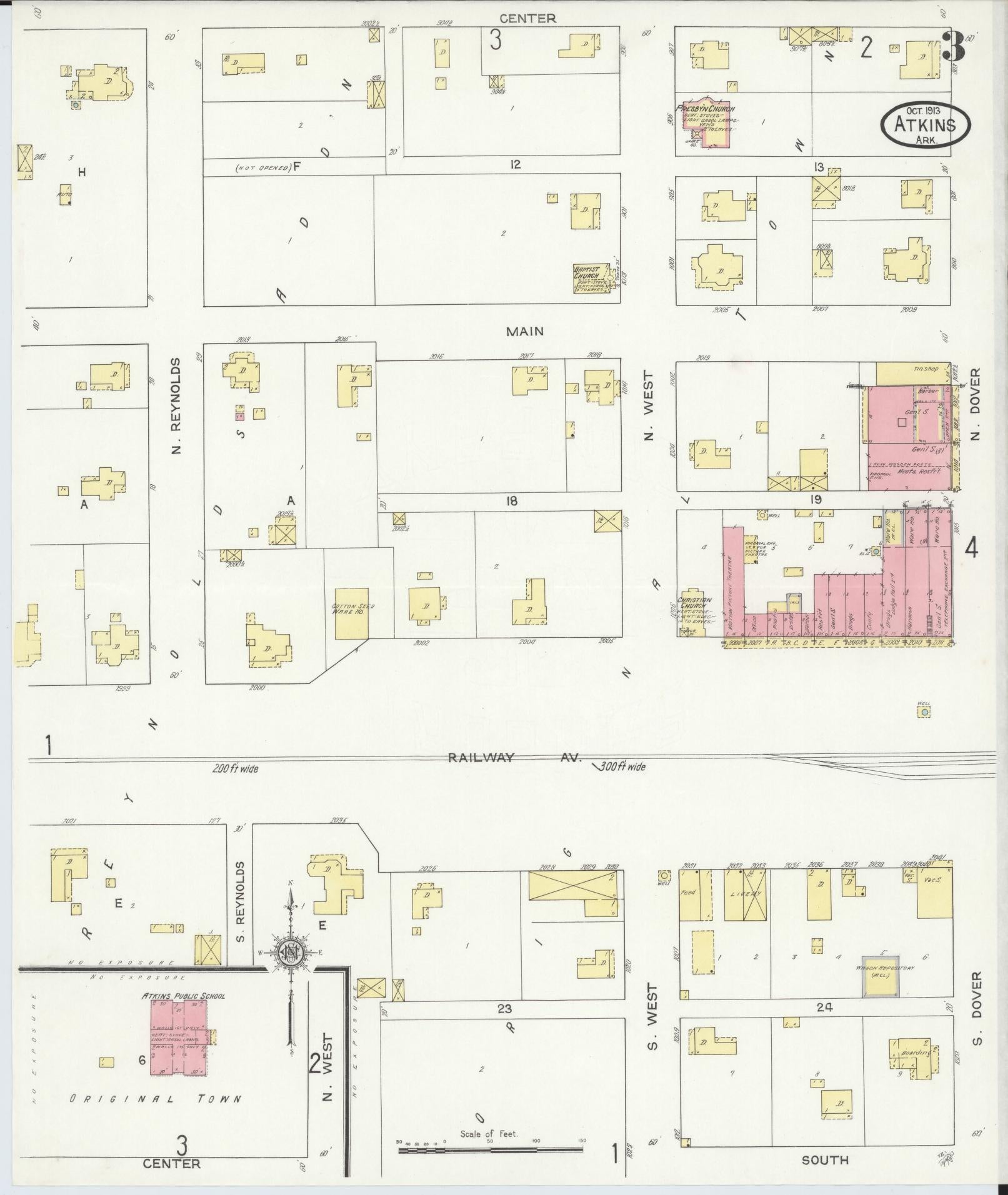 Sanborn Fire Insurance Map from Atkins, Pope County, Arkansas (1913), Sheet #0003 - Complete Map Set gallery image, historic Sanborn map, vintage wall art, Arkansas Arkansas