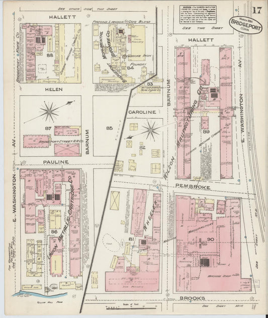 Sanborn Fire Insurance Map from Bridgeport, Fairfield County, Connecticut (1884), Sheet #0017 - Historic Sanborn Fire Insurance Map Print, vintage old map wall art, antique decor, genealogy gift, Connecticut Connecticut map