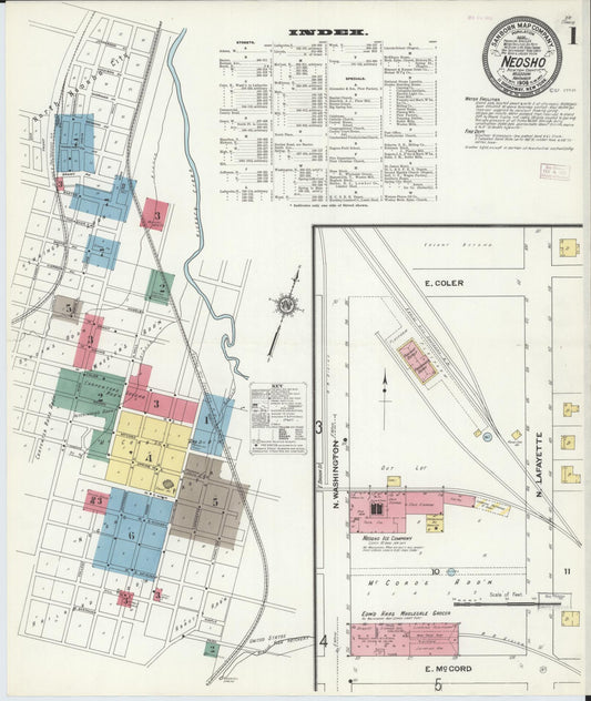 Sanborn Fire Insurance Map from Neosho, Newton County, Missouri (1909), Sheet #0001 - Complete Map Set gallery image, historic Sanborn map, vintage wall art, Missouri Missouri