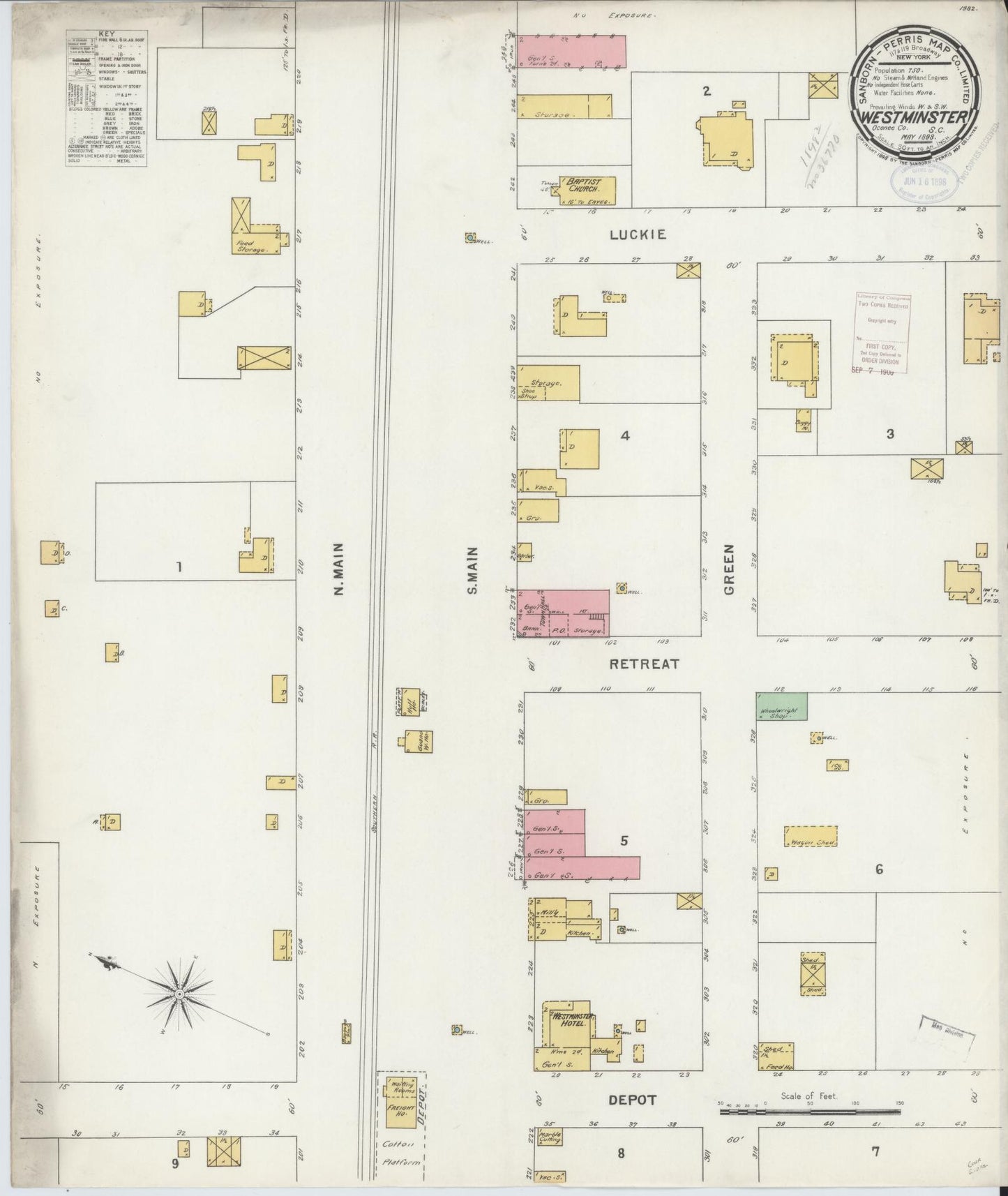 Sanborn Fire Insurance Map from Westminster, Oconee County, South Carolina (1898), Sheet #0001 - Historic Sanborn Fire Insurance Map Print, vintage old map wall art, antique decor, genealogy gift, South Carolina South Carolina map