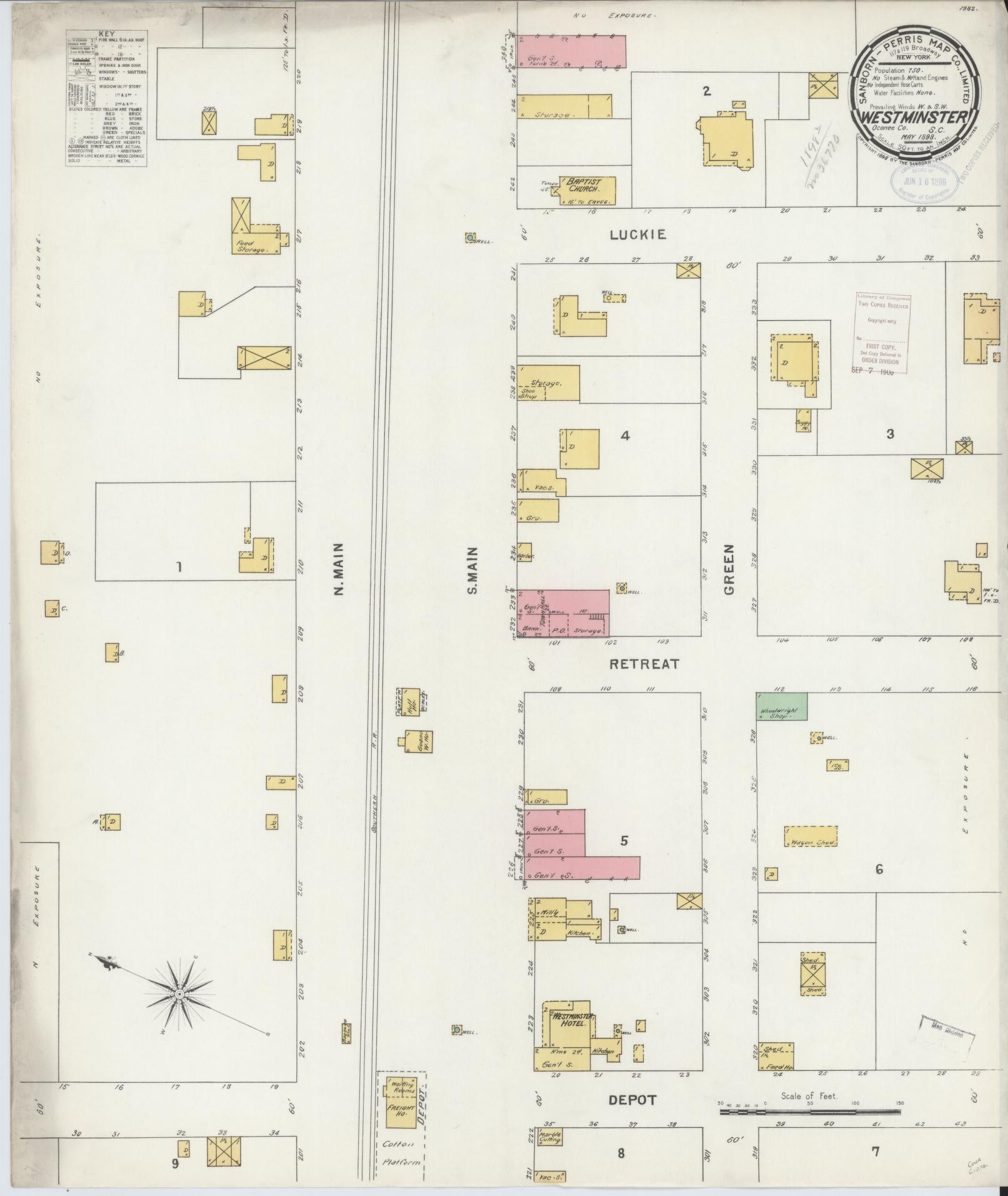Sanborn Fire Insurance Map from Westminster, Oconee County, South Carolina (1898), Sheet #0001 - Historic Sanborn Fire Insurance Map Print, vintage old map wall art, antique decor, genealogy gift, South Carolina South Carolina map