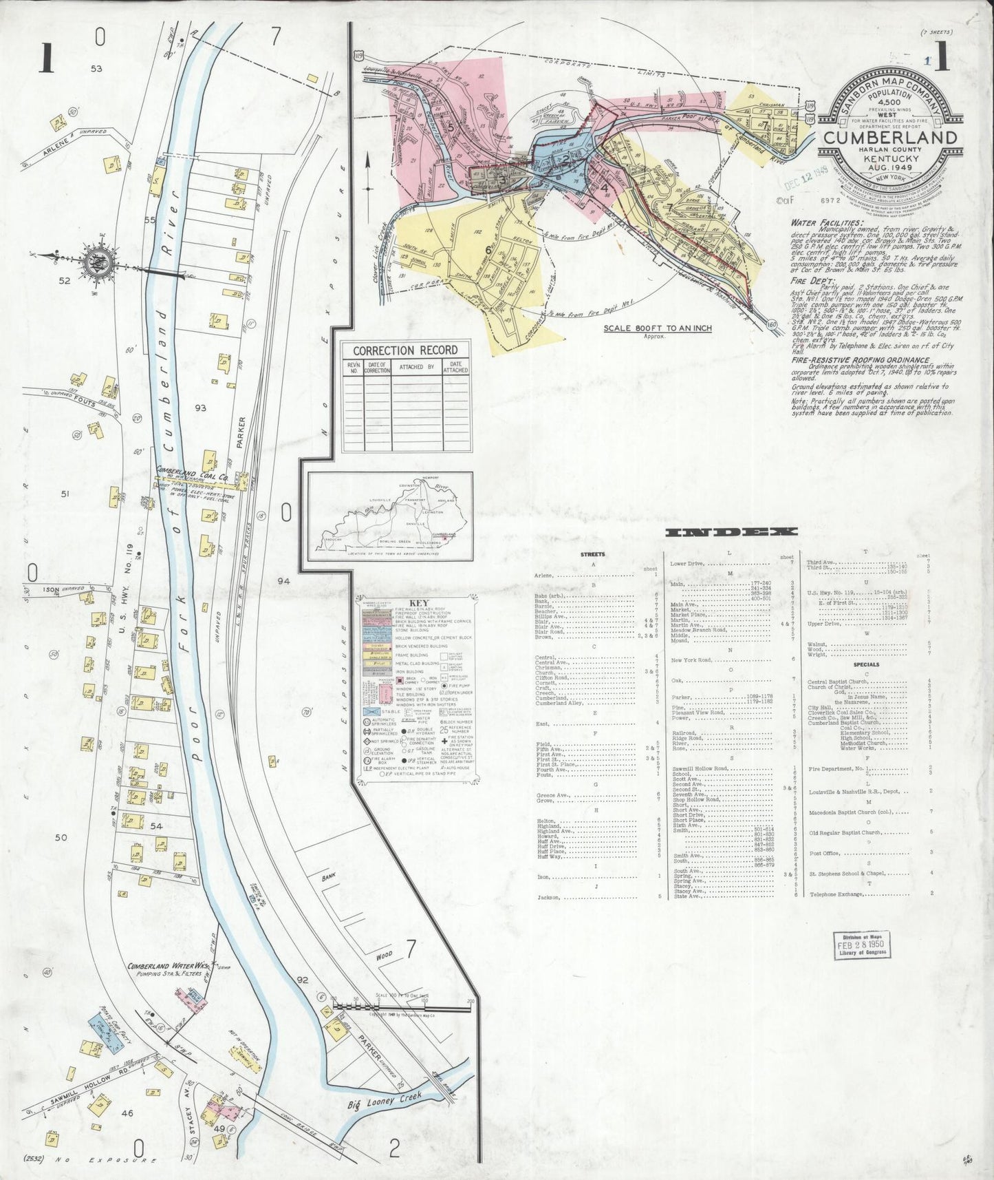 Sanborn Fire Insurance Map from Cumberland, Harlan County, Kentucky (1949), Sheet #0001 - Historic Sanborn Fire Insurance Map Print, vintage old map wall art, antique decor, genealogy gift, Kentucky Kentucky map