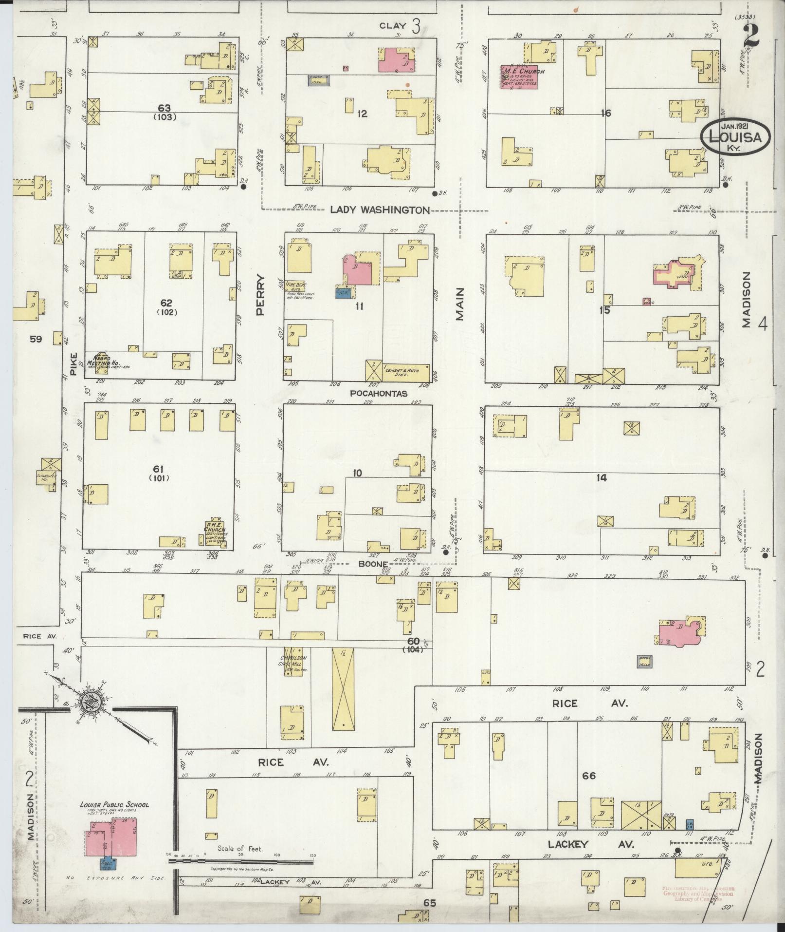 Sanborn Fire Insurance Map from Louisa, Lawrence County, Kentucky (1921), Sheet #0002 - Complete Map Set gallery image, historic Sanborn map, vintage wall art, Kentucky Kentucky