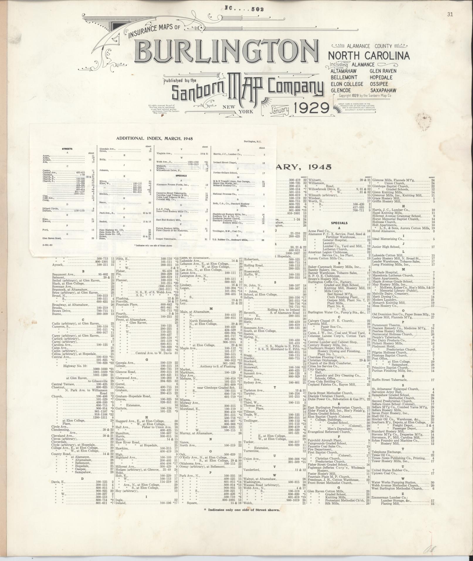 Sanborn Fire Insurance Map from Burlington, Alamance County, North Carolina (1948), Sheet #0001 - Historic Sanborn Fire Insurance Map Print, vintage old map wall art, antique decor, genealogy gift, North Carolina North Carolina map