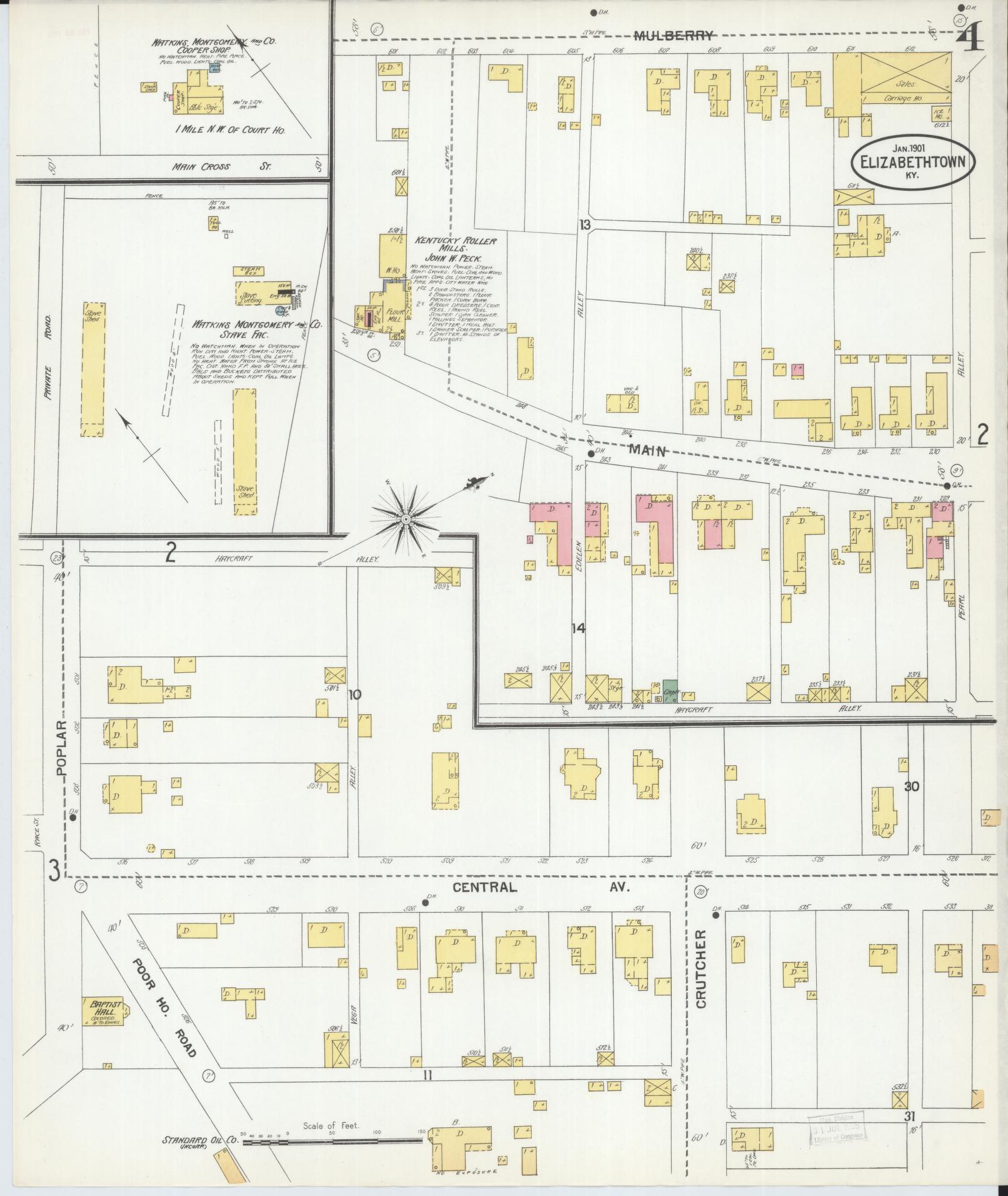 Sanborn Fire Insurance Map from Elizabethtown, Hardin County, Kentucky (1901), Sheet #0004 - Historic Sanborn Fire Insurance Map Print, vintage old map wall art, antique decor, genealogy gift, Kentucky Kentucky map